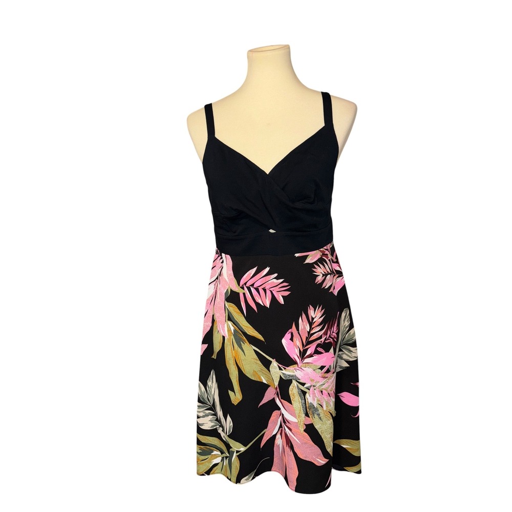 Cabi Beach Club Dress Medium Black Pink Tropical Floral Surplice Midi 5384 Vacay - Picture 4 of 13